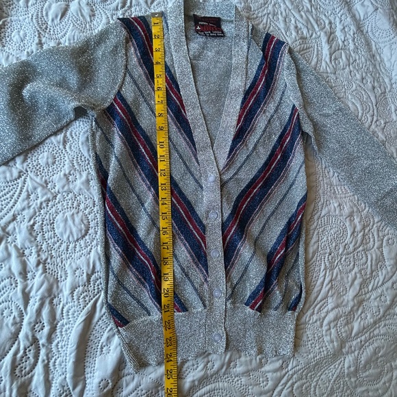 Vintage lurex cardigan Renee Tener for Outlander. Silver w/multi stripe. 70s XS - Picture 12 of 14